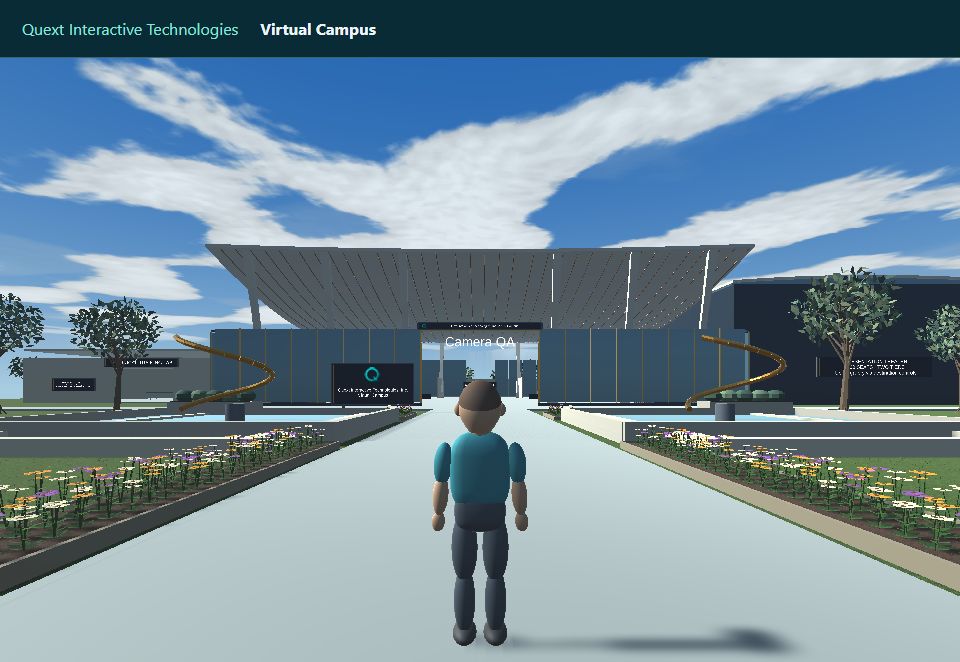The running campus arrival promenade with the sweeping roof and reflecting basins